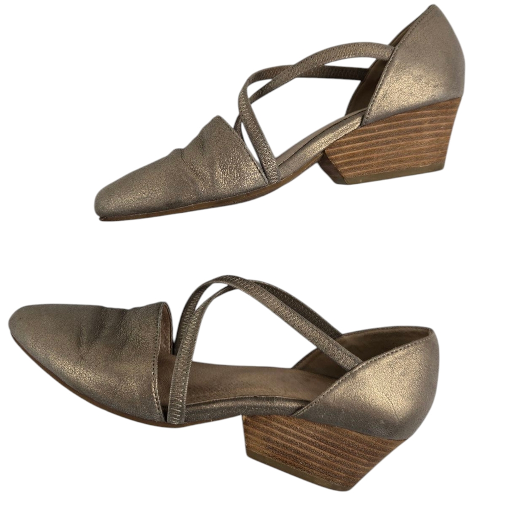 Eileen Fisher Poet Criss Cross Pump Women's Size 7 Stacked Chunky Heel Metallic